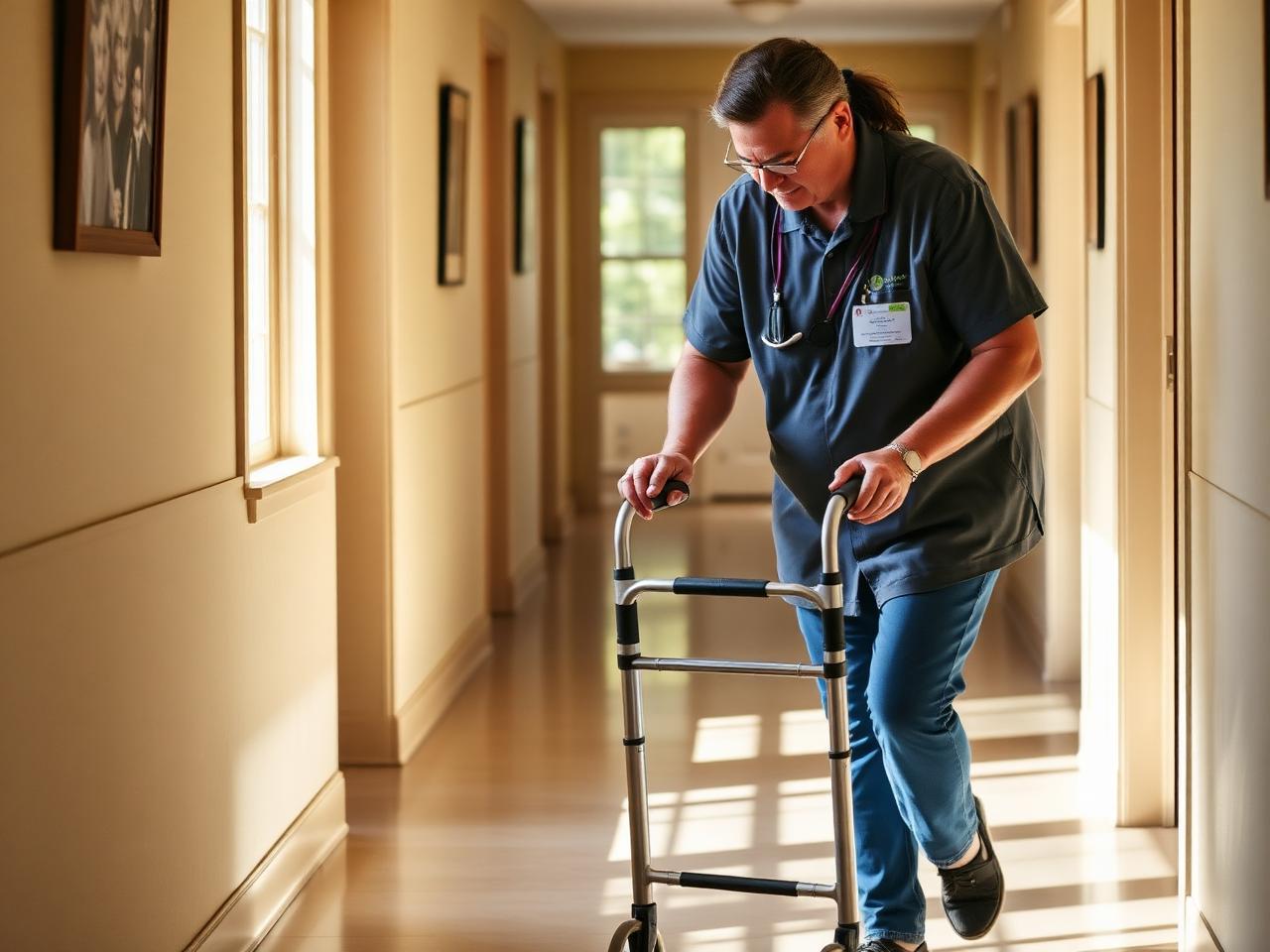 Caregiver helping senior with walker