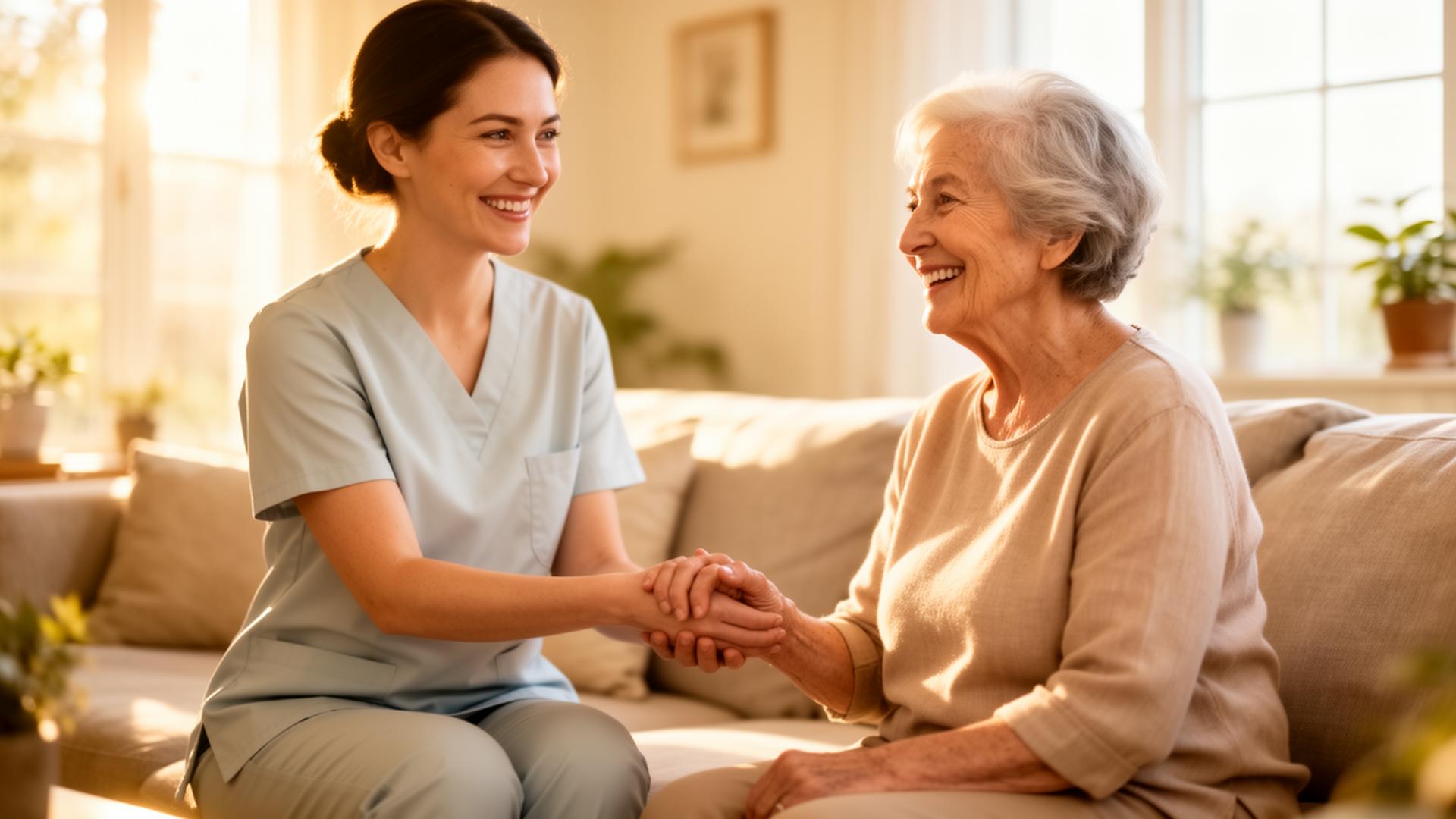 Caregiver holding hands with smiling senior at home
